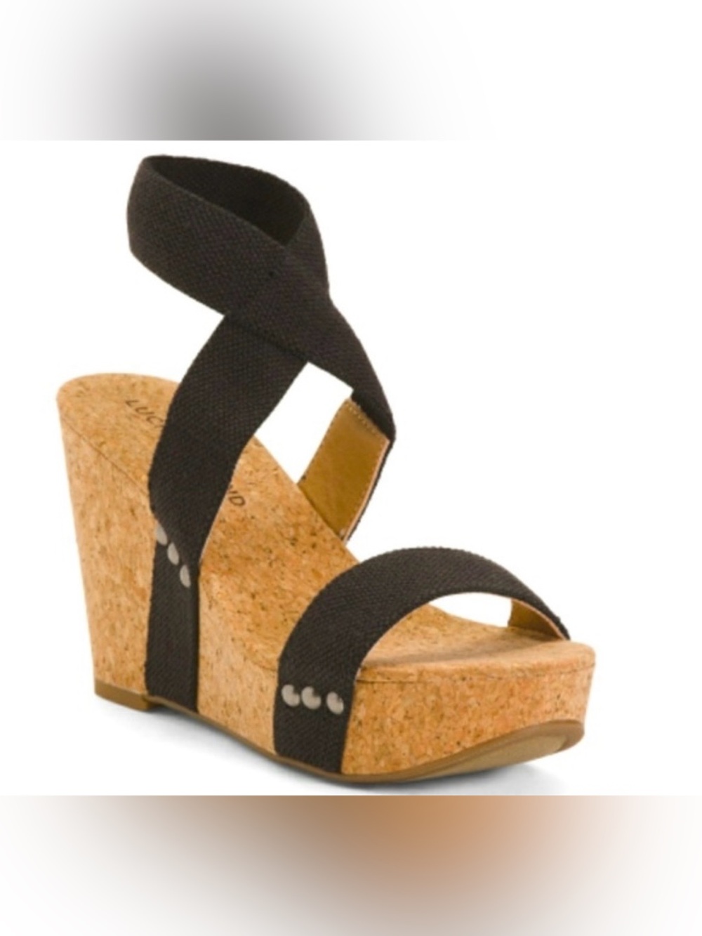 Lucky brand 9 new Black Cork Wedge Sandal with stretchy Crisscross Straps